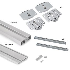 Emuca Kit de herrajes para armario 2 puertas correderas y cierre suave Flow con carriles de superficie 2.35m, tableros no incluidos, Anodizado mate