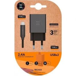 Cargador de Pared Tech One Tech TEC2423/ 2xUSB + Cable USB Tipo-C/ 2.4A/ Negro Precio: 10.95000027. SKU: B135ETQS8E