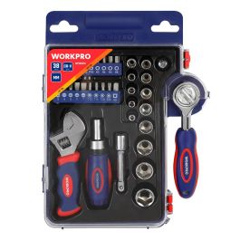 Workpro Vasos con Carraca, Mango y Llave Ajustable, 38 Piezas: Incluye Puntas, Vasos Métricos y Accesorios de Almacenamiento