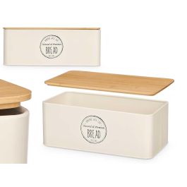 Kinvara Panera de Metal Color Crema con Tapa de Bambú – Caja para Conservar Pan Fresco en la Cocina 33x12x18 cm (4 Unidades)