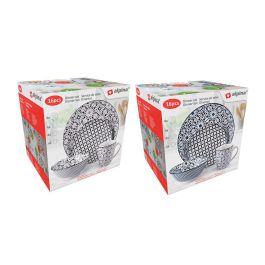 Interne Alpina Vajilla de Cerámica Estampada 16 Piezas: 4 Platos, 4 Postre, 4 Bols, 4 Tazas. Colores Surtidos.