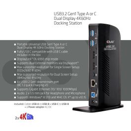Club3D CAC-1507 Docking Station Dual Display 4K 60Hz USB-C/USB 3.0 con 2xDP/6xUSB/LAN/Audio Negro