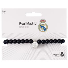 Real Madrid Pulsera oficial con cuentas negras mate y escudo, de aleación de zinc, extensible