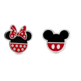 PEERS HARDY Pendientes Minnie y Mickey Disney de Latón Plateado con Esmalte, Lazo Rojo de Lunares y Pantalones Cortos Rojos