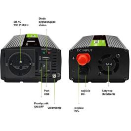 Green Cell Inversor de Corriente para Coche 12V a 230V, 500W/1000W, Onda Pura, con Pantalla LCD