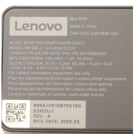 Lenovo 65W AC power adapter with multiple output voltages (20V, 15V, 9V, 5V), designed for Lenovo laptops, compact and portable. Lenovo 65W AC power adapter with multiple output voltages (20V, 15V, 9V, 5V), designed for Lenovo laptops, compact and portable.
