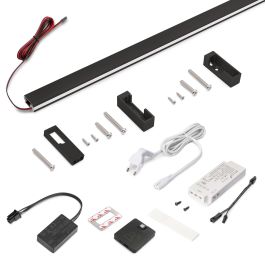 Emuca Kit de barra para armario Luxe, tira LED 4,5x8 Neonlynx V, sensor de movimiento RF Smart y convertidor Smart (24V DC), longitud 1.150mm, Luz blanca cálida 2.700K, Plástico y Aluminio, Pintado negro texturizado Precio: 59.50000034. SKU: B1J65MG9HD