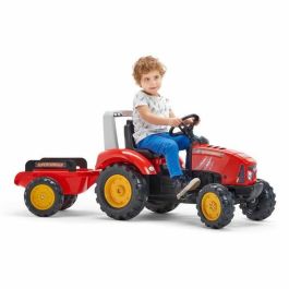 FALK - Tractor de pedal rojo sobrealimentador con capó de apertura y remolque incluido