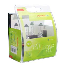 Powertec Lámpara H11 Long Life 12V 55W PGJ19-2 DUO, 4 veces más duradera, Resistente a Altas Temperaturas y Vibraciones, Vidrio de Cuarzo con Protección UV Precio: 11.49999972. SKU: S3702216