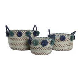 DKD Home Decor Cesta Mediterraneo Hecha a Mano Seagrass y PP con Pompones Multicolor 44 x 34 x 46 cm Set de 3