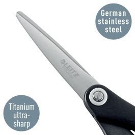 Leitz Tijeras Premium Titanio 150 mm, Acero Inoxidable, Cuchillas Duraderas, Agarre Ergonómico, Color Negro