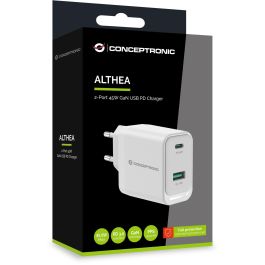 Conceptronic Cargador 45W PD3.0/PPS GaN ALTHEA20W45, 2 Puertos USB-C y USB-A, Carga Rápida, Blanco