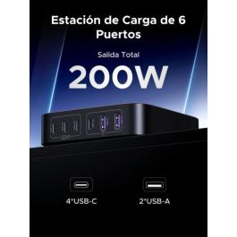 Ugreen Cargador de Escritorio Rápido 200W, 2 USB-A + 4 USB-C, GaN, Negro/Gris