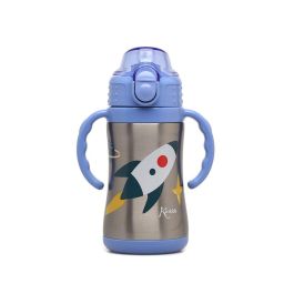 KioKids Botella Termo Entrenamiento Cohete Azul Acero Inoxidable 280 ml con Pajita y Asas para Bebés +6 meses