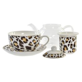 DKD Home Decor Tetera Colonial Diseño Leopardo Marrón Blanco de Cristal y Porcelana 250ml Apta Lavavajillas y Microondas (2 Unidades)
