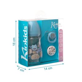 KioKids Set Biberón 250 mL, Chupete y Pinza Azul - Tetina Silicona Ortodóntica Anticólico para Bebés +6 Meses