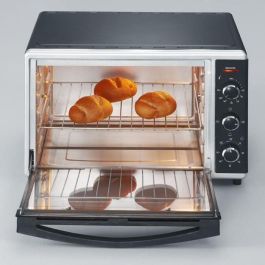 Severin TO2058 Mini Horno Eléctrico de Convección con Asador Giratorio, Piedra para Pizza, 42L, 1800W, Temporizador 120 Minutos, Negro/Acero Inoxidable