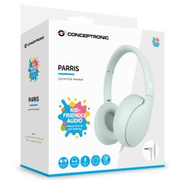 Conceptronic Auriculares Diadema PARRIS04GT para Niños con Limitador Volumen 85dB, Color Verde, Alámbrico con Micrófono Integrado, Plegable, Conexión 3.5mm, 1.6m
