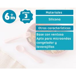 KioKids Set Cubiertos y Bandeja BLW en Silicona con Ventosa y Divisiones Rosa +6 Meses