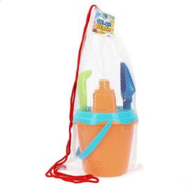 Cubo de playa 18 cm con cedazo, palas 27 cm y 2 moldes en red Cubo de playa 18 cm con cedazo, palas 27 cm y 2 moldes en red
