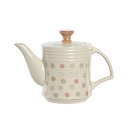 DKD Home Decor Tetera Basicos de Gres Beige con Diseño de Topitos - Capacidad 1 Litro, Cierre Hermético - Medidas 12x16.5x22.5 cm