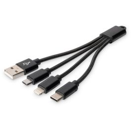 DIGITUS Cable de Carga 3 en 1 USB-A a Lightning, Micro USB y USB-C, Negro, 0.15m