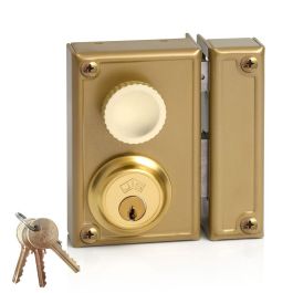 Jis Cerradura de sobreponer golpe y llave derecha 70mm, cilindro fijo 52mm, 3 llaves, referencia 34-7d, dorado