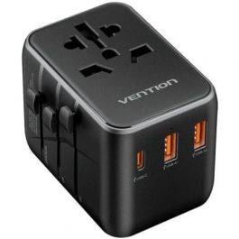 Vention FJEB0 Adaptador de Viaje Universal 65W Carga Rápida USB-C y 2xUSB-A (3 Puertos) con Compatibilidad Mundial de Voltaje y Fusible 10A