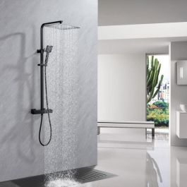 Oceanic Columna de Ducha Termostática Mezclador 38°C Rociador Cuadrado Extraplano 30x30 cm Negro Mate Acero Inox Regulable