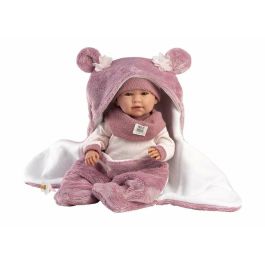 Muñeca mimi llorona con saquito fucxia 42cm, cuerpo de tela y mecanismo de sonido