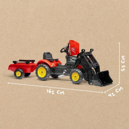 Falk Tractor de pedal rojo con capó abatible y pala articulada, incluye remolque para niños de 2 a 5 años