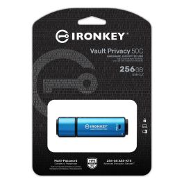 Kingston IronKey Vault Privacy 50C - Llavero USB-C 256GB, Cifrado Hardware AES-256, FIPS 197, Resistente Agua IPX8, 230 MB/s - Negro/Azul