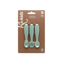KioKids Little sauvages Set de 3 Cubiertos de Silicona Verde para Bebé, Pre-Cuchara Cuchara Pre-Tenedor, Apto Lavavajillas, +6 Meses