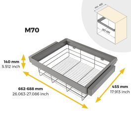 Emuca Kit de cajón de alambre y bastidor regulable Quartz para armarios, guías de cierre suave y extracción total, Módulo 70cm, Acabado Titanio