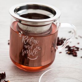 Quid Taza de Vidrio Serenia con Filtro Acero Inoxidable y Tapa 35 cL Transparente Apta Lavavajillas y Congelador
