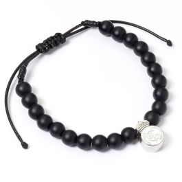 Real Madrid Pulsera oficial con cuentas negras mate y escudo, de aleación de zinc, extensible