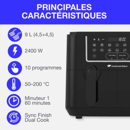 Continental Edison Freidora de aire sin aceite RFRSH24002CB, 9 L, Bandejas dobles, 2400W, Negra