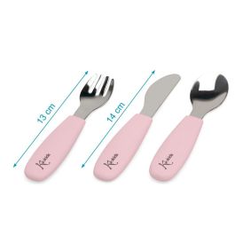 KioKids Set Cubiertos Infantiles Acero Inoxidable y Silicona Rosa, Mangos Antideslizantes, Bordes Seguros, Aptos Lavavajillas, +6 meses