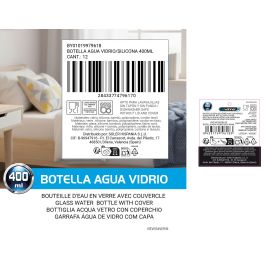 Inde Botella de Agua de Vidrio y Silicona 400 ml con Dimensiones 6x6x20 cm