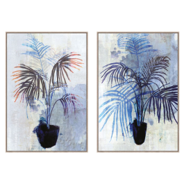 DKD Home Decor Cuadro Escandinavo Diseño Planta Lienzo y PS Azul Blanco 83x123x4.5 cm (Set de 2 Unidades)