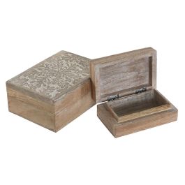 DKD Home Decor Joyero Indio Floral de Madera de Mango Blanco Natural 13 x 7 x 18 cm, Set de 2 Piezas