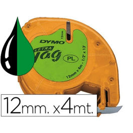 Dymo 91204 Cinta Rotuladora Letratag, Negro Sobre Verde, Plástico, 12mm x 4m Precio: 7.49999987. SKU: BIXS0721640