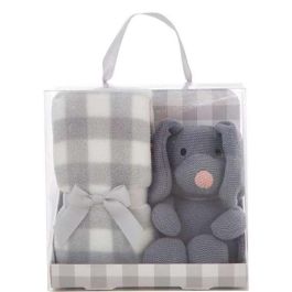 Creaciones Llopis Set Caja Manta Cuadros 90 x 75 cm Gris + Perro 26 cm