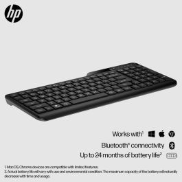 HP Compact Bluetooth keyboard supporting up to three devices, full-size layout, spill-resistant design, long battery life.