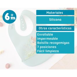 KioKids Babero de Silicona Ajustable para Bebé +6 Meses con Bolsillo Recogemigas, Diseño Ardilla Salvaje Color Salvia