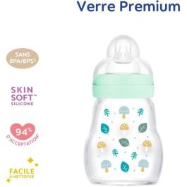 MAM Biberón de vidrio Glass premium 170ml Azul con Tetina Flow 1 ultra suave patentada, resistente al calor, para bebés 0-6 meses