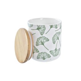 DKD Home Decor Bote Tropical Set de 3 Gres Bambu Verde Blanco Natural 10 x 17 x 10 cm