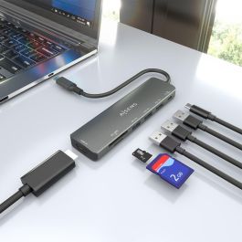AISENS ASUC-7P025-GR Base para Portátil y Replicador de Puertos USB-C 7 en 1: 1xHDMI 4K, 3xUSB-A, 1xUSB-C PD 100W, Lector SD/MicroSD, Gris