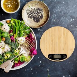 Inde Báscula de Cocina Digital Redonda de Bambú 5 Kg. Dimensiones: 20.8 cm (Largo) x 20.7 cm (Alto) x 4.1 cm (Ancho) (12 Unidades)