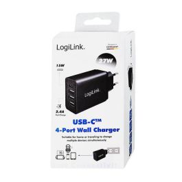 LogiLink PA0221 Adaptador de Corriente USB, Cargador Rápido 27W con 4 Puertos: 1 USB-C y 3 USB-A, Negro